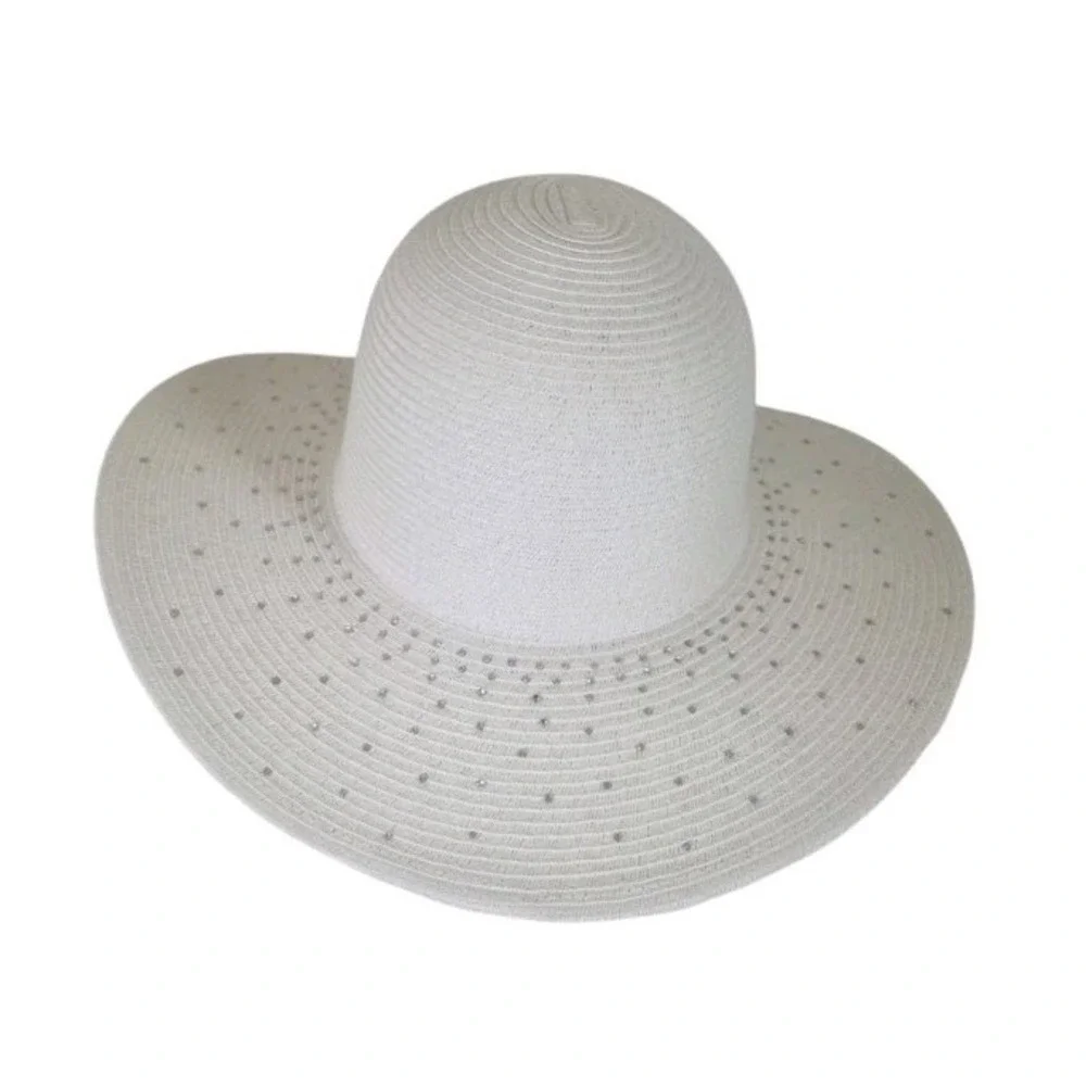 Scala Pronto Wide Brim Hat White Silver‎ Rhinestone OS Beach Vacation Resort